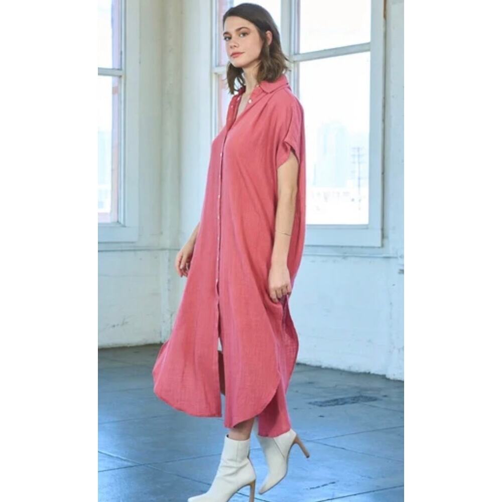 Maronie Rayon Midi Gauze Shirt Dress in Coral. Size L.